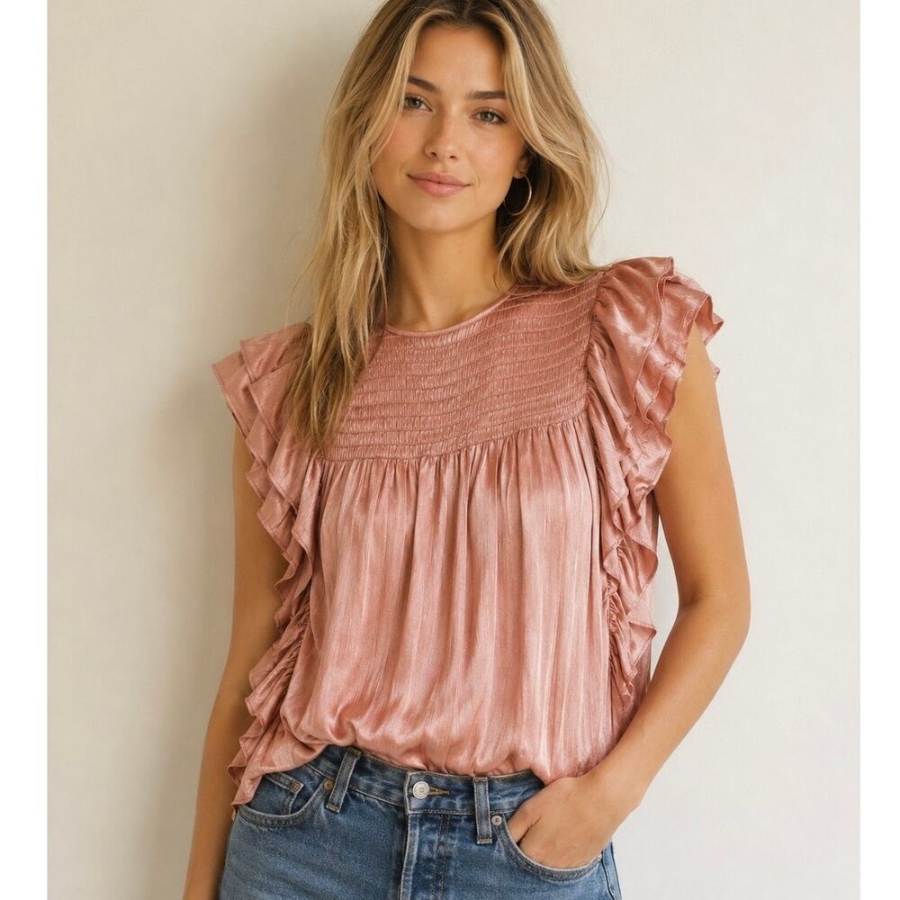 Ulla Johnson Winnie Smocked 100% Silk Ruffled Feminine Dusty Rose Blouse 2
